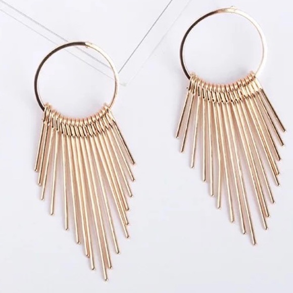 Gold Hoop Earrings Circle Ring Tassel Dangle Drop - Picture 6 of 9